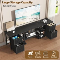 ZHNSYDN LED TV Stand for 65, 70, 80 Inch TV,71 Inch Industrial Entertainment Center with Power Outlets,Media Console Table with Open Storage Shelves & Fabric Drawers for Living Room Bedroom,Greige