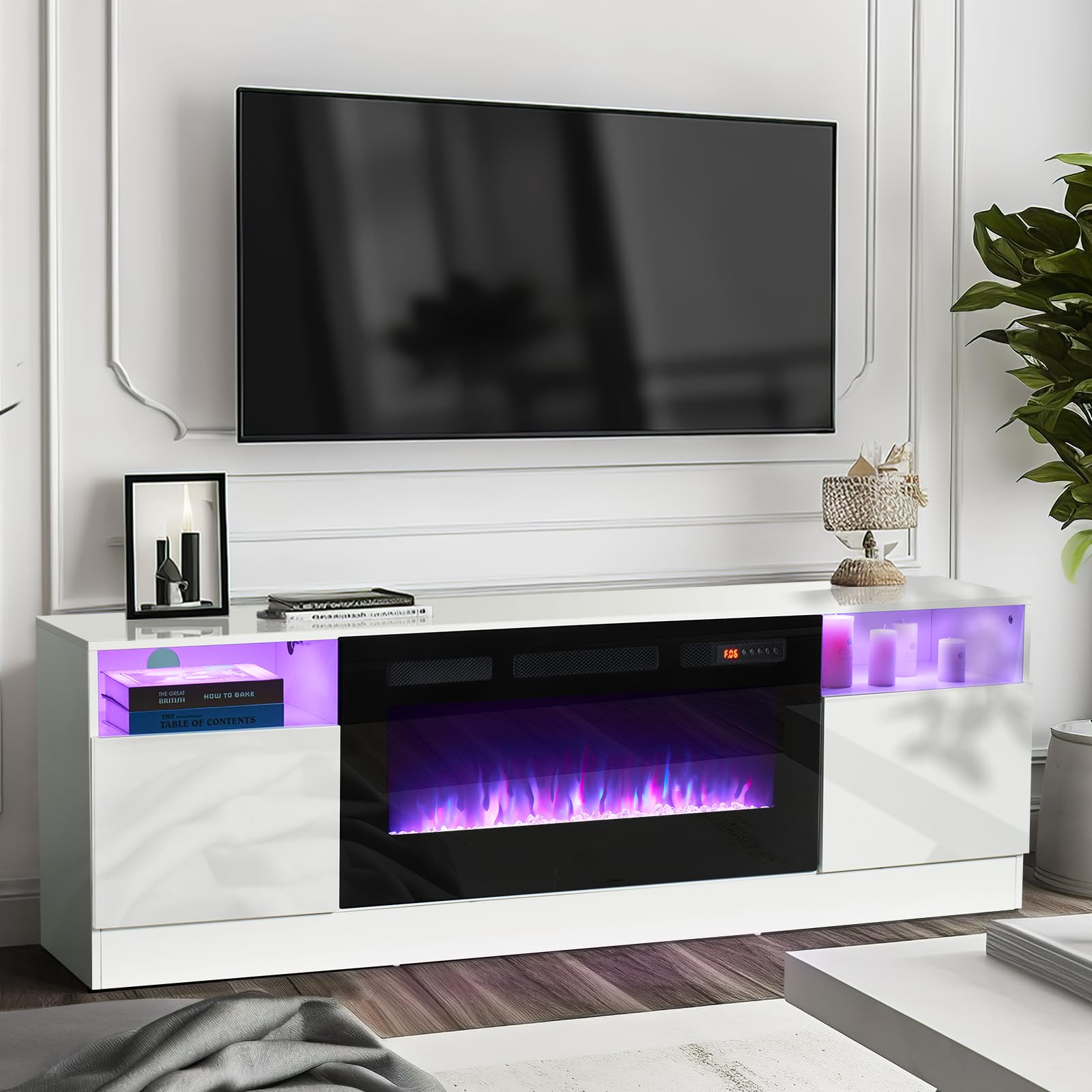oneinmil Fireplace TV Stand with 36" Electric Fireplace, LED Light Entertainment Center, Modern Wood Texture Entertainment Stand with Highlight Storage Cabinet for TVs Up to 80", 70 inches, Black