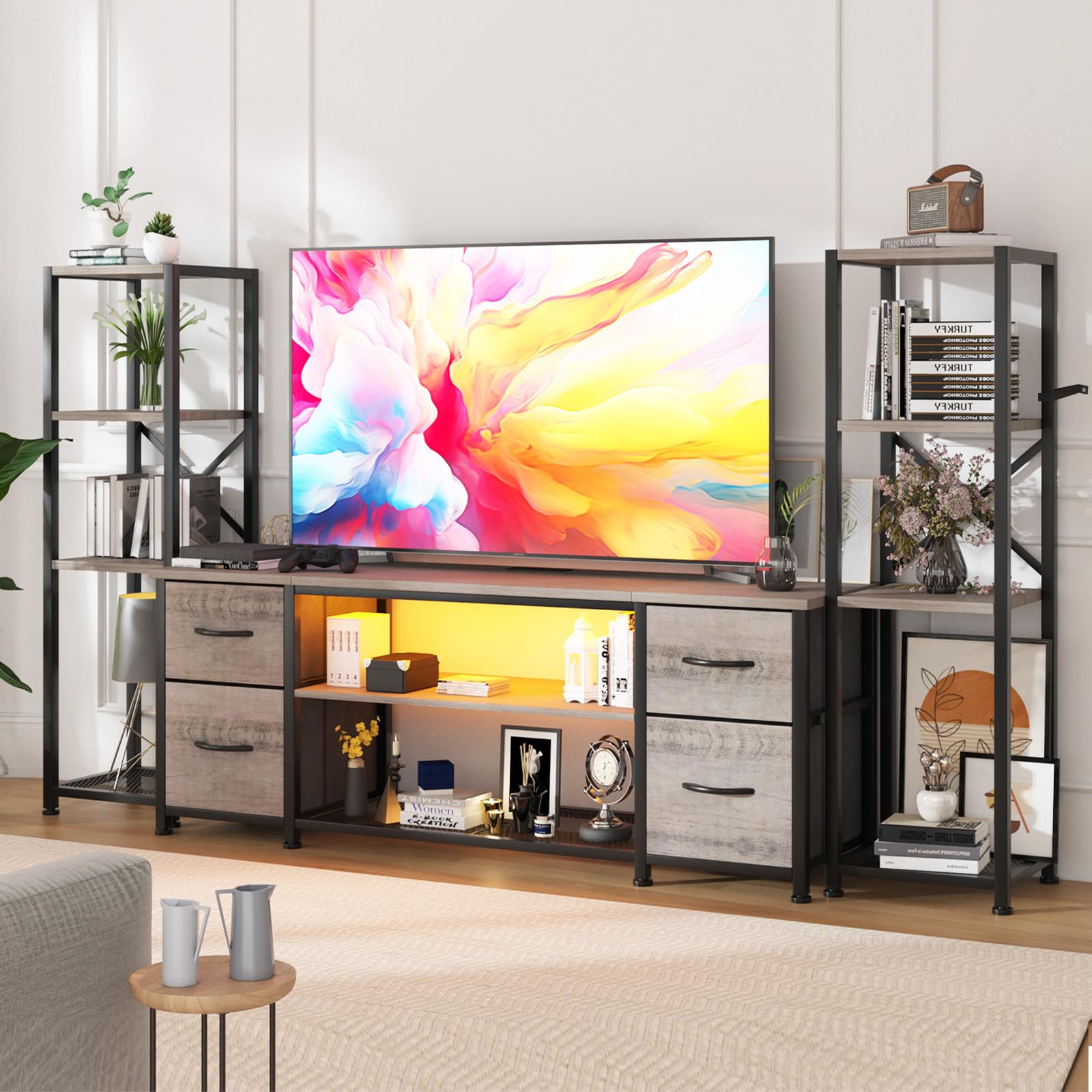 LED TV Stand Entertainment Center Bookshelf Combo with Charging Station