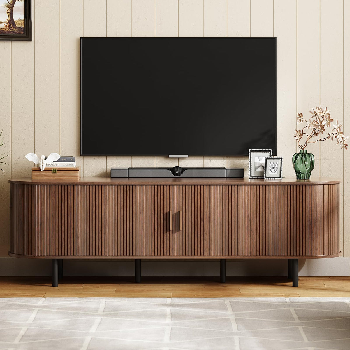 ONBRILL 70.8" TV Stand with Power Outlet for TVs up to 75 Inch, Entertainment Center with Storage and Adjustable Shelves, Modern Media Console with Sliding Doors for Living Room, Walnut