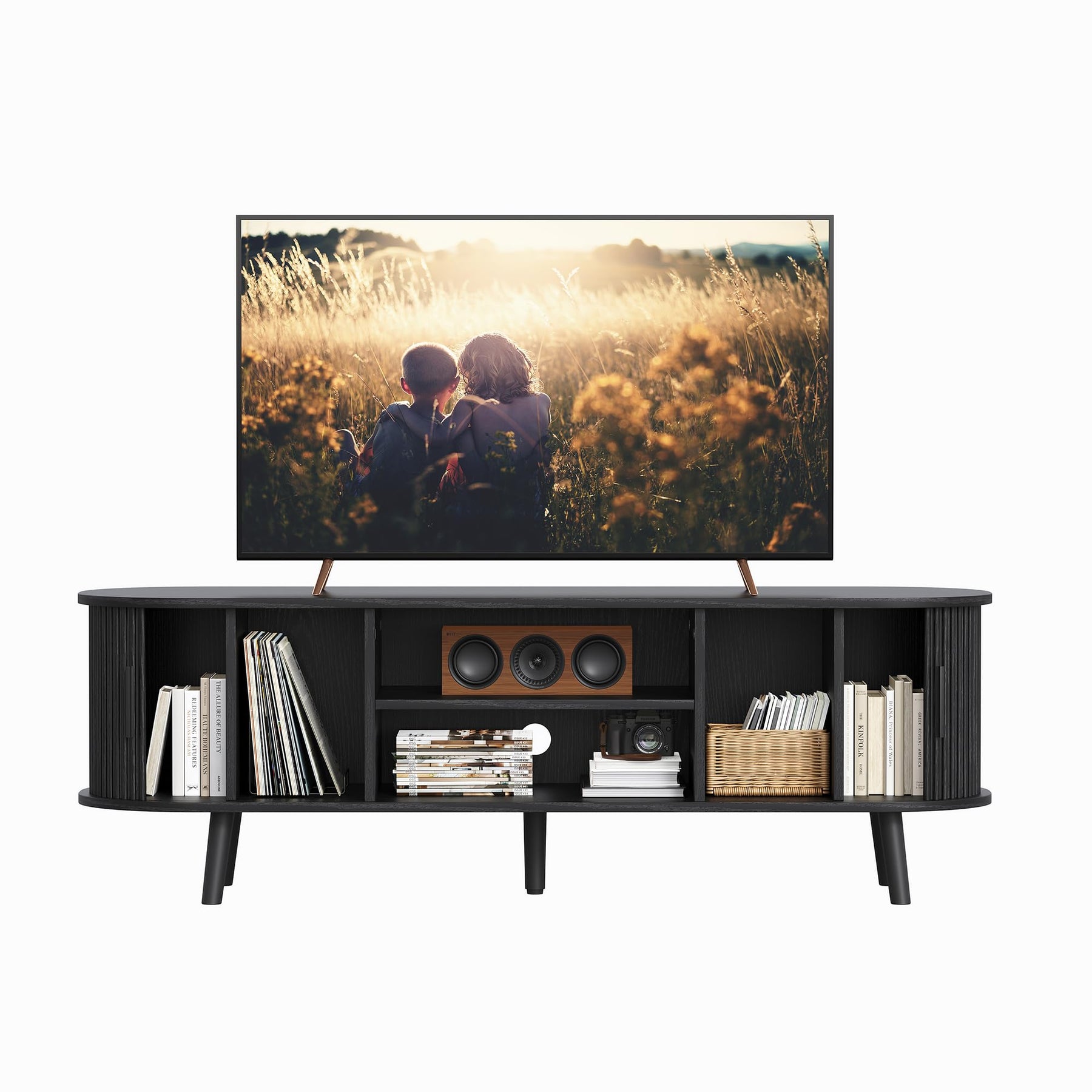 ChooChoo 54" Mid Century Modern TV Stand with Fluted Sliding Doors