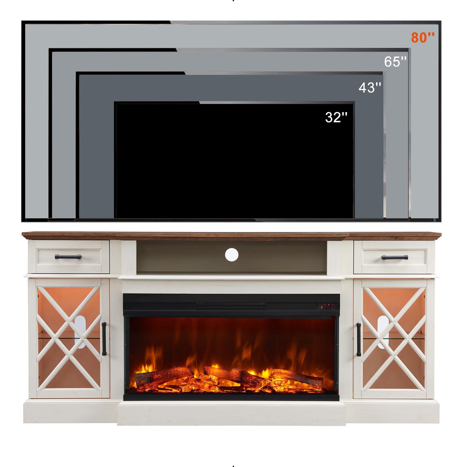 OKD 3-Sided Glass Farmhouse Electric Fireplace TV Stand for TVs up to 80'', Highboy Entertainment Center with Glass Door Storage Cabinet, 70'' Large TV Stands with 36'' Fireplace, Antique White