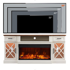 OKD 3-Sided Glass Farmhouse Electric Fireplace TV Stand for TVs up to 80'', Highboy Entertainment Center with Glass Door Storage Cabinet, 70'' Large TV Stands with 36'' Fireplace, Antique White