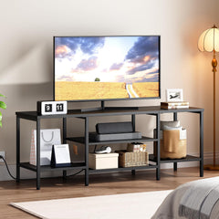 HOOBRO TV Stand with Power Outlets to 75 Inches, TV Console Table with Open Storage Shelves Cabinet, Industrial Media Entertainment Center for Living Room Bedroom, Rustic Brown and Black BF80DS01
