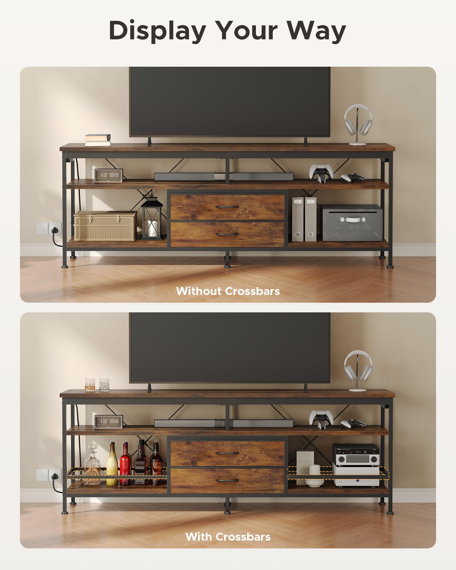 Lazzanto 63in TV Stand for 55-75in TVs, LED Lights, Charging Station, Black