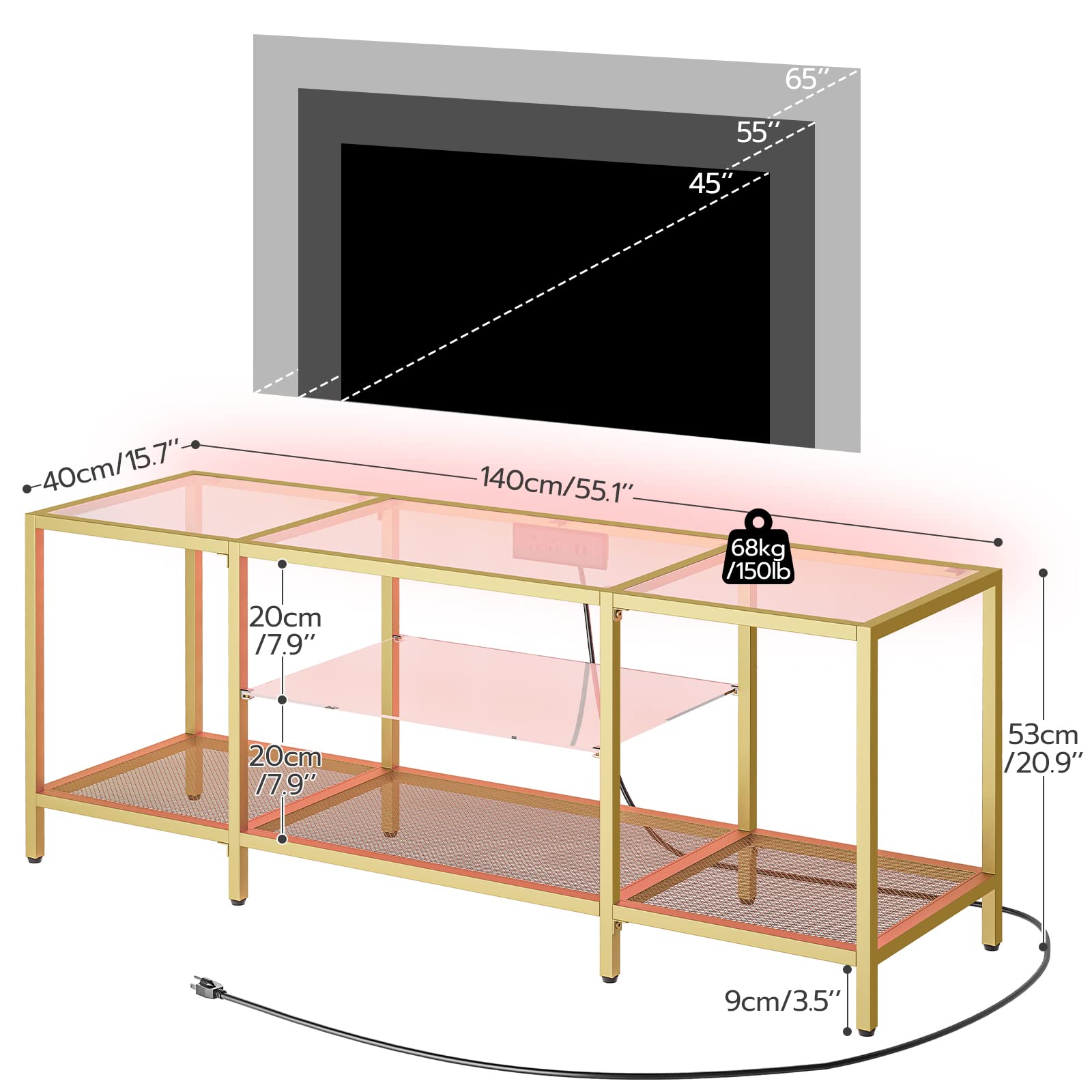 HOOBRO TV Stand with LED Lights and Power Outlets for TVs up to 75", Modern 70.9 Inch Tempered Glass TV Console Table with Open Shelves, Media Entertainment Center for Living Room, Gold GD185UDS01