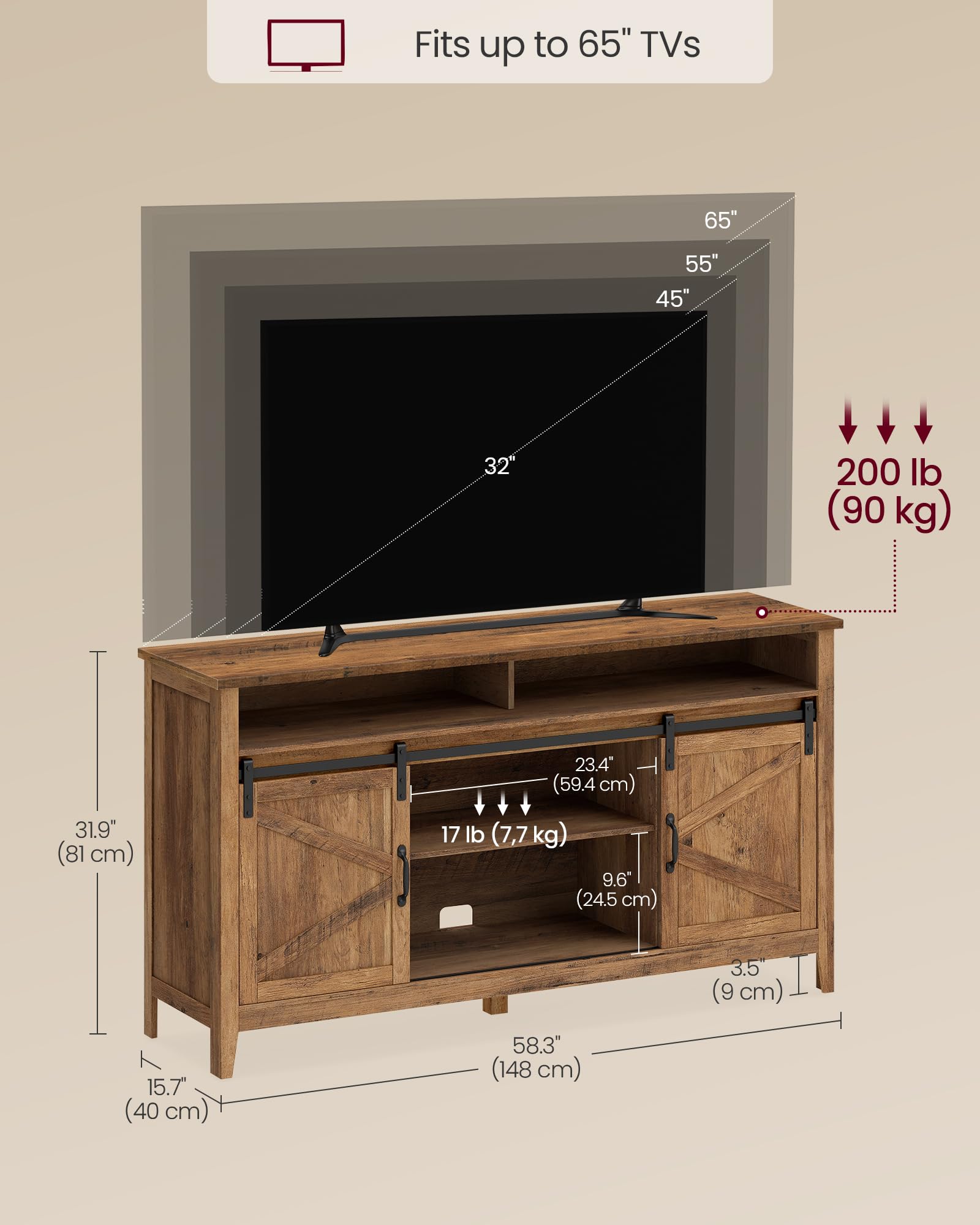 VASAGLE Tall Farmhouse TV Stand, Entertainment Center with Barn Doors, Storage Media Console Table for Living Room, 58.3 x 15.7 x 31.9 Inch, Rustic White and Honey Brown, LIRY Collection ULTV031W101S