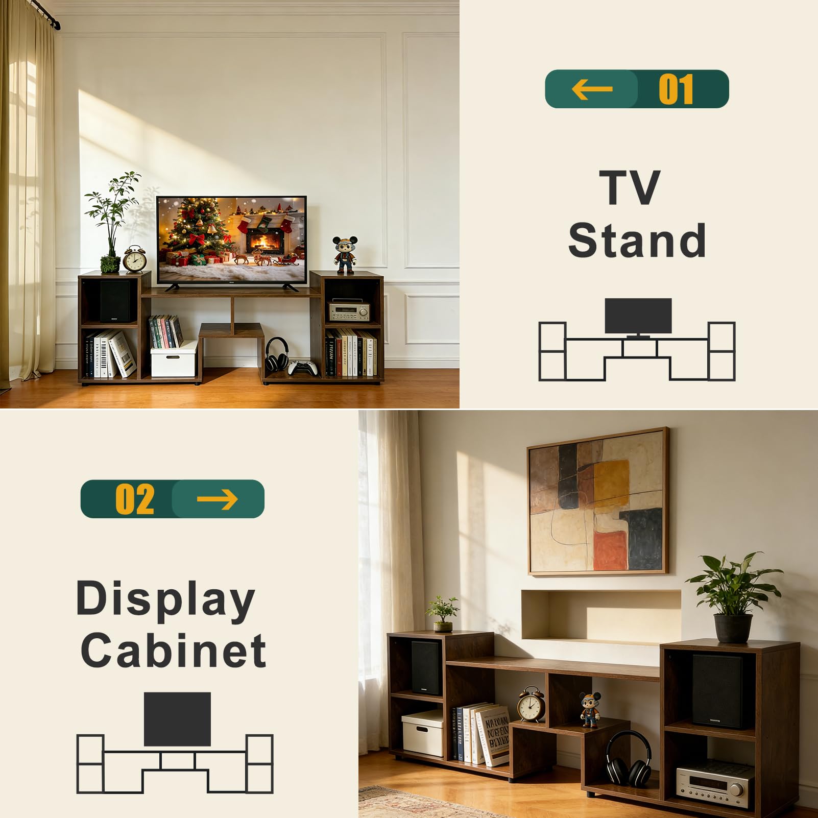 ACOHOOK Walnut 60" Mid-Century TV Stand with Storage Open Shelf