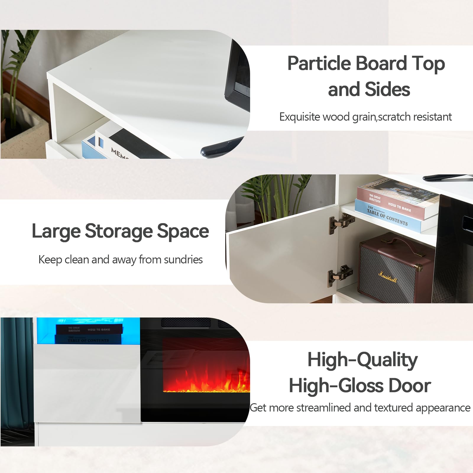 oneinmil Fireplace TV Stand with 36" Electric Fireplace, LED Light Entertainment Center, Modern Wood Texture Entertainment Stand with Highlight Storage Cabinet for TVs Up to 80", 70 inches, Black