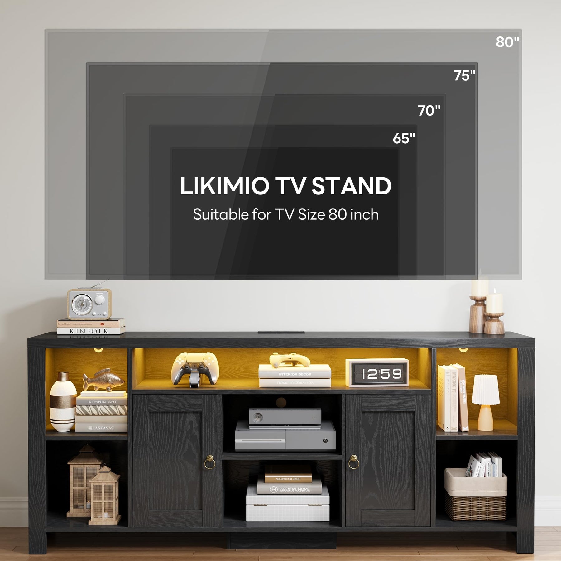 LIKIMIO 70" TV Stand for TVs up to 80", LED Entertainment Center, Black