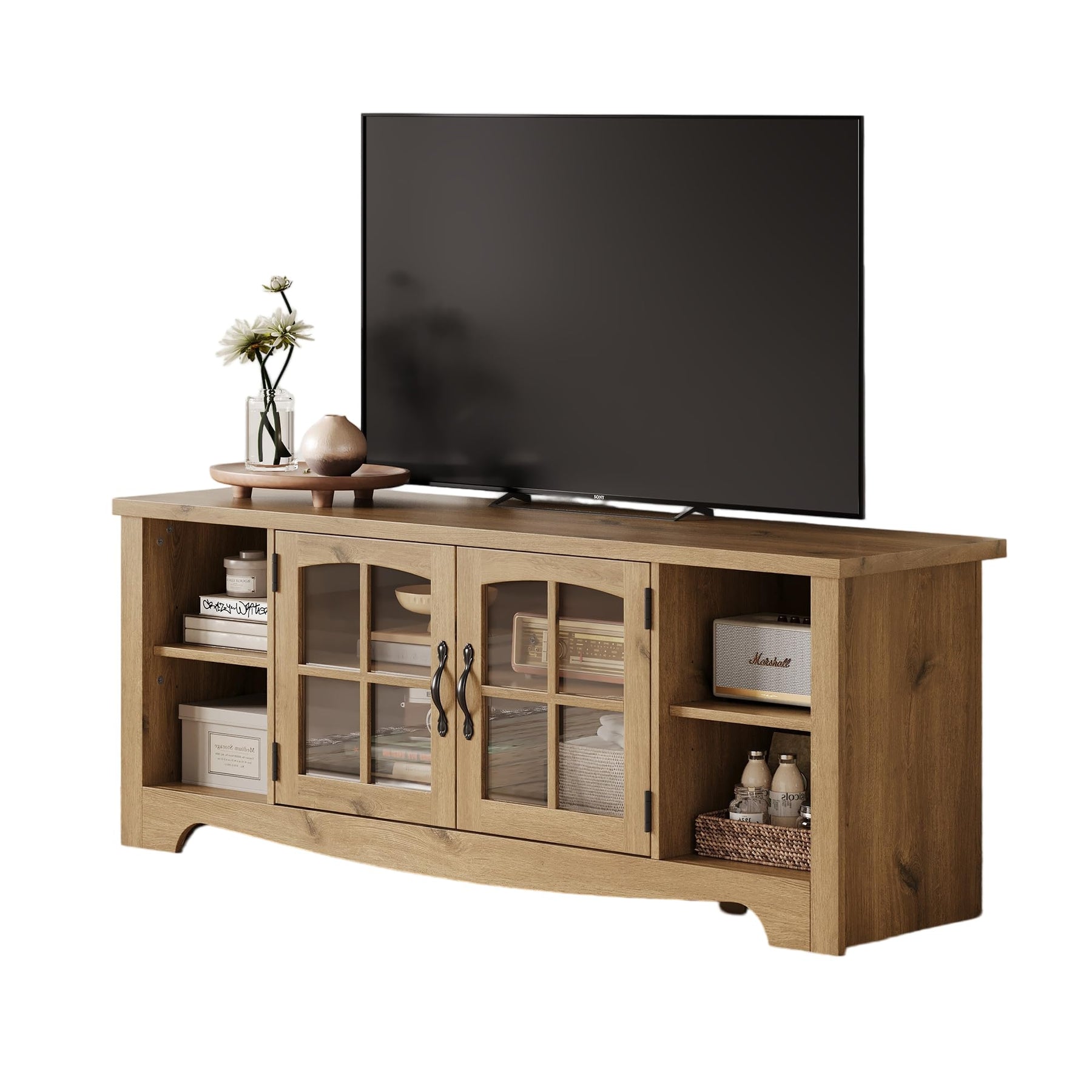 LINSY HOME Farmhouse TV Stand for 65 Inch TV, Wood Entertainment Center with Glass Door Storage Cabinet & Adjustable Shelves, Large Sturdy TV Console Table for Living Room Bedroom