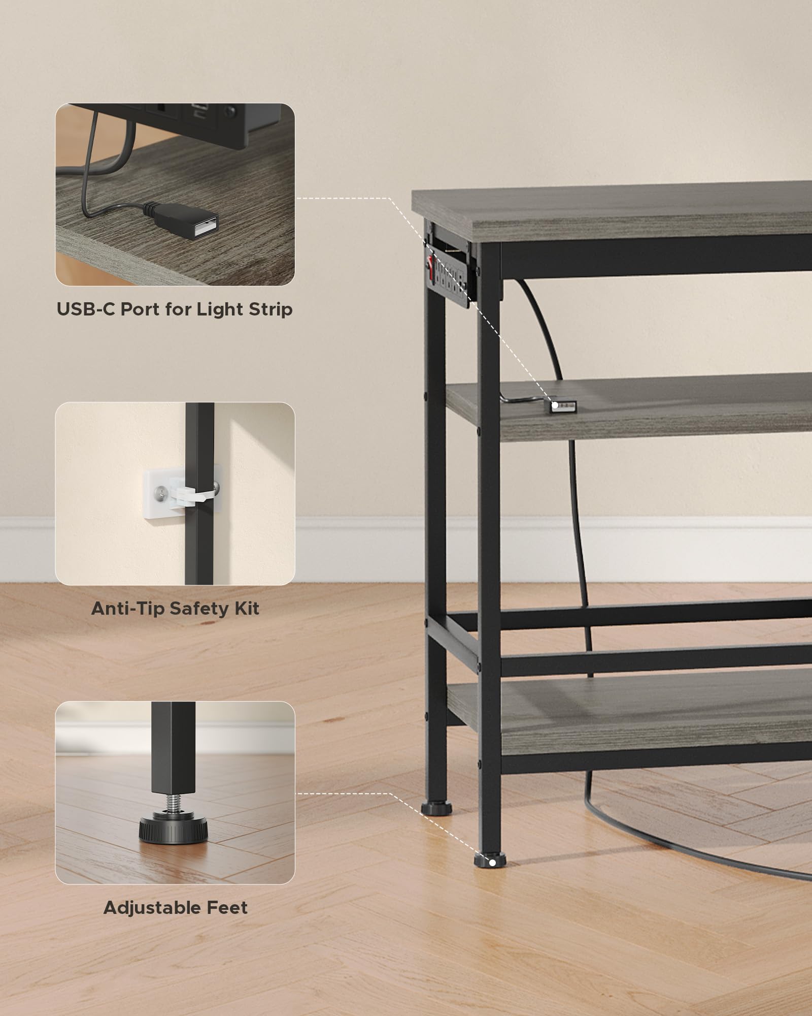 Lazzanto 63in TV Stand for 55-75in TVs, LED Lights, Charging Station, Black