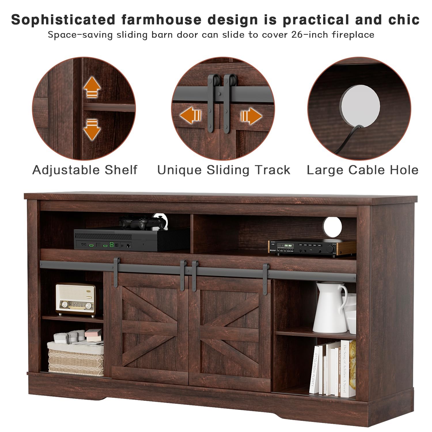 YESHOMY 58" Farmhouse TV Stand for TVs up to 65", Sliding Barn Doors, White