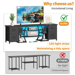 ZHNSYDN LED TV Stand for 65, 70, 80 Inch TV,71 Inch Industrial Entertainment Center with Power Outlets,Media Console Table with Open Storage Shelves & Fabric Drawers for Living Room Bedroom,Greige