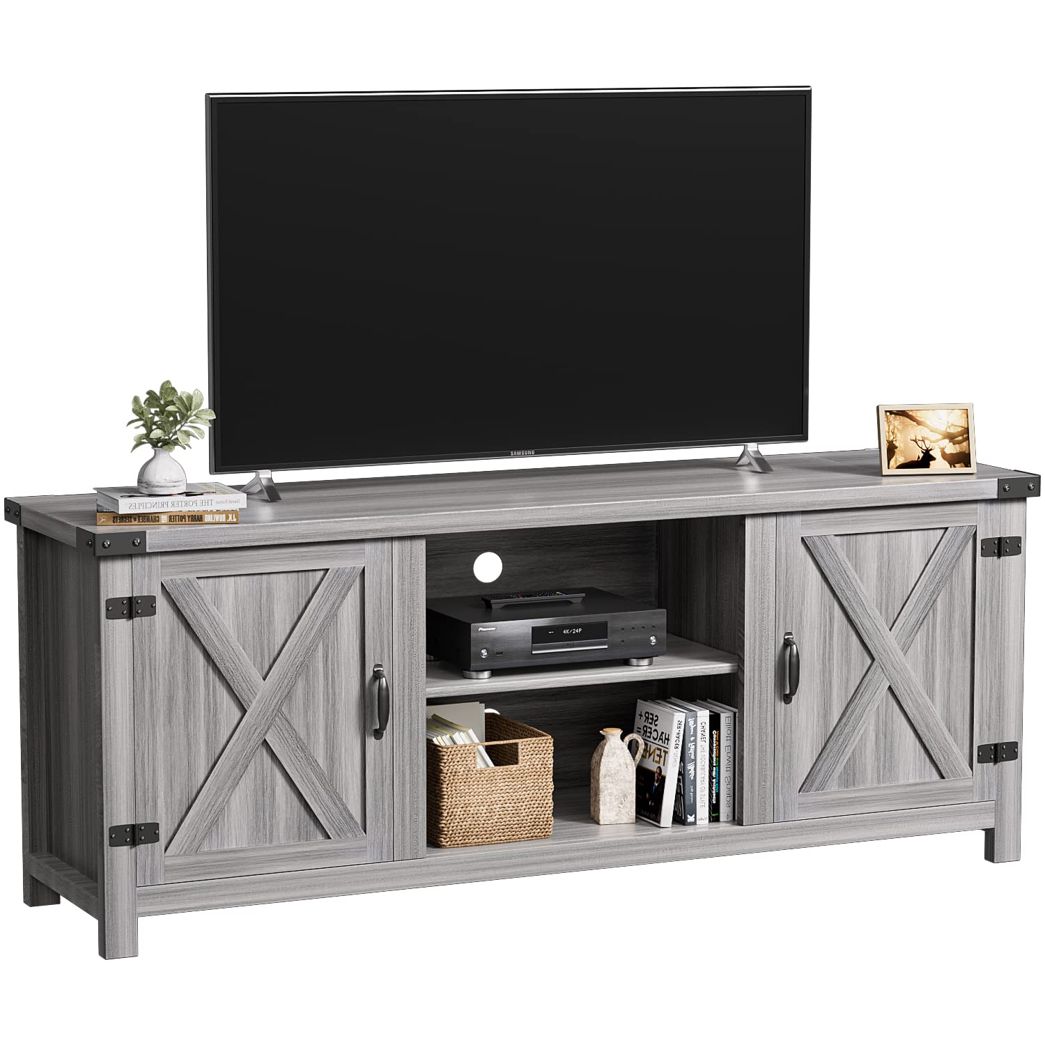 YESHOMY Modern Farmhouse TV Stand with Barn Door for 65 Inch TV, Gray Wash