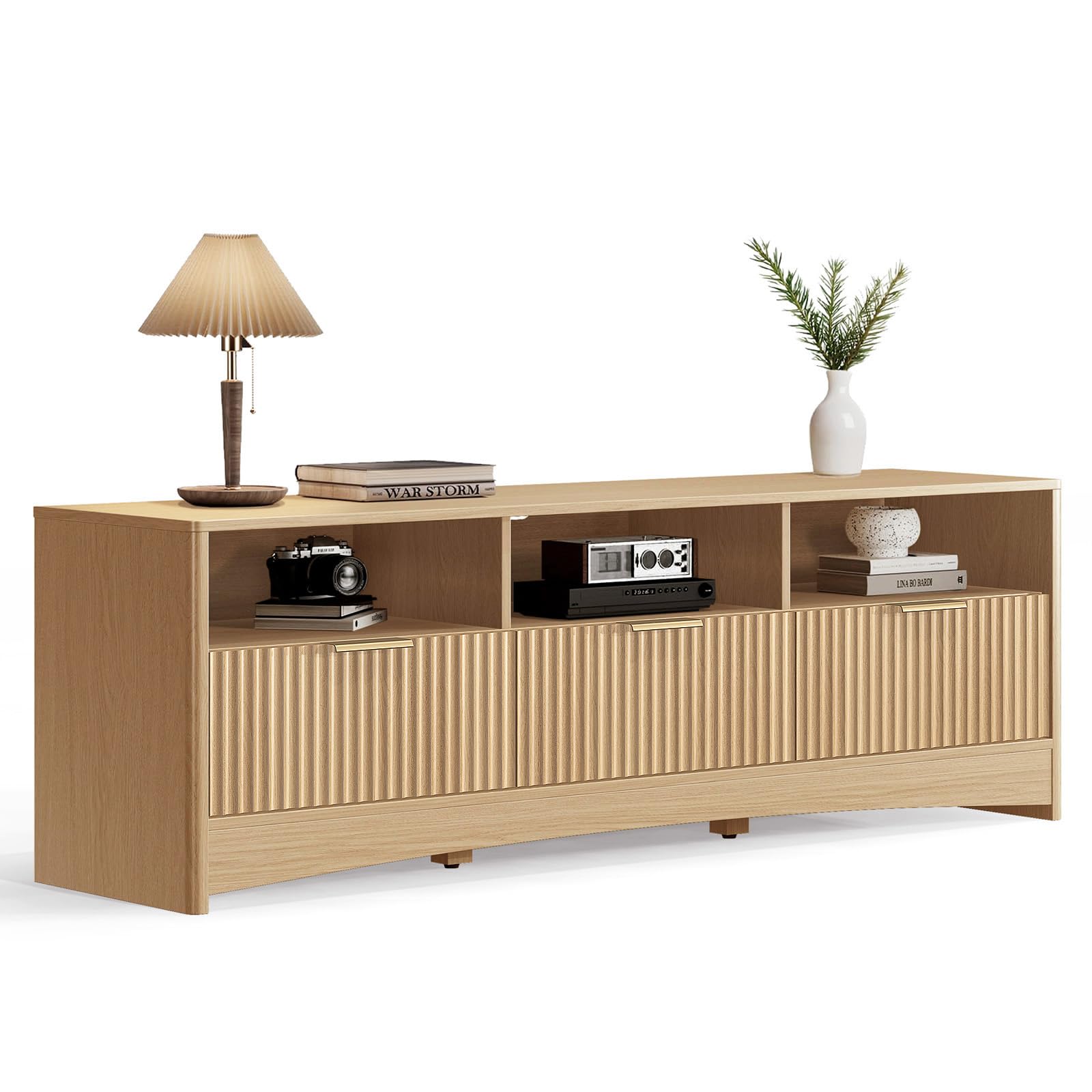 Marsail Fluted TV Stand for 65 inch TV, Modern Entertainment Center with Drawers, Boho TV Stands Wood Media Console Cabinet with Storage and Shelves, TV Consoles for Living Room, Bedroom, Oak