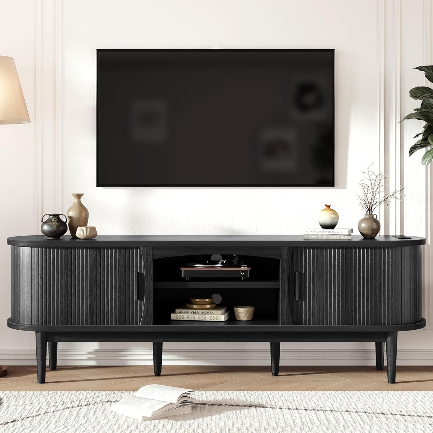 Decofy Mid Century TV Stand for TVs up to 80 Inches, Entertainment Center with Storage, Power Outlet, Fluted Sliding Doors & Adjustable Shelves, Modern Media TV Console Table for Living Room (Walnut)