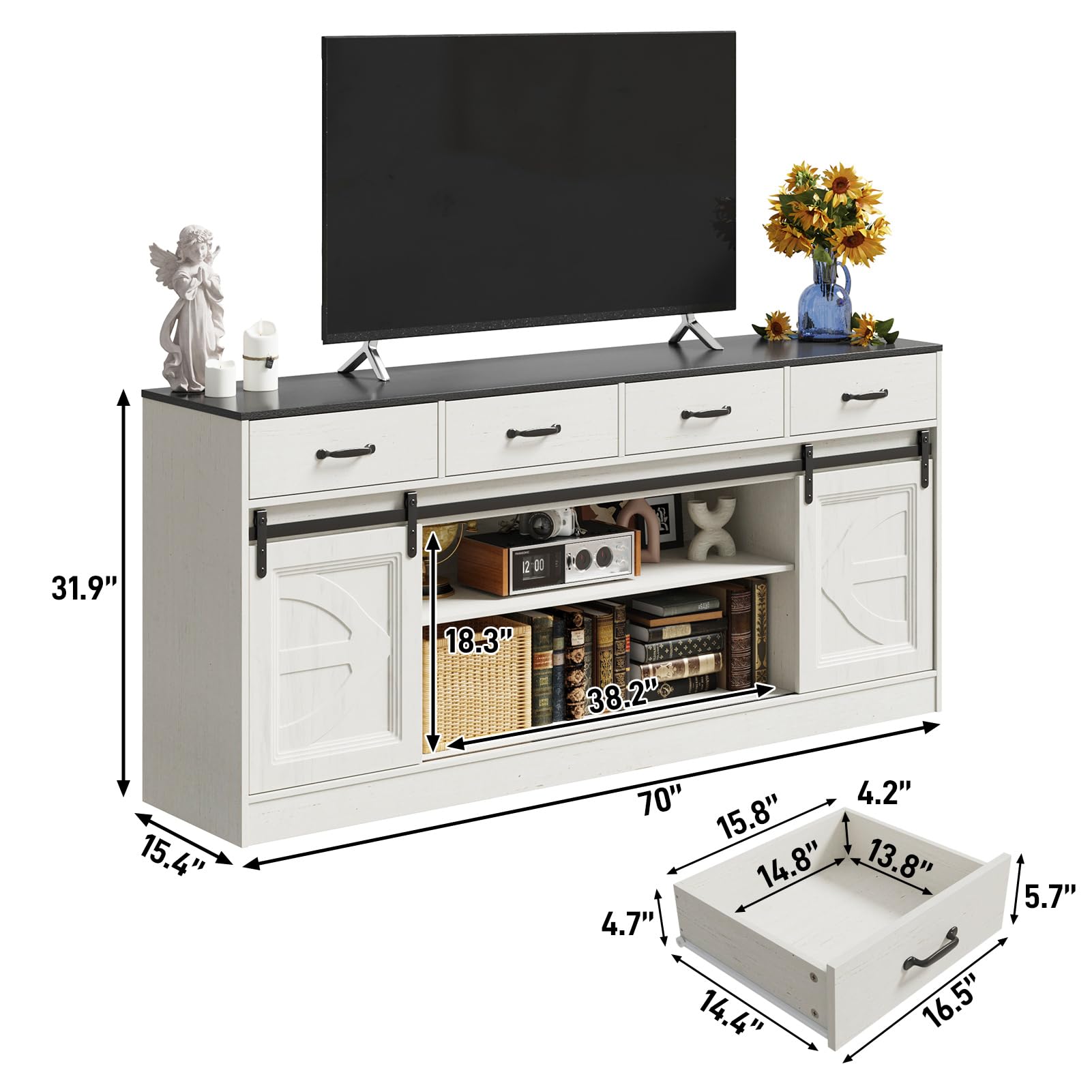 70" Large Farmhouse Tall TV Stand for 85/80/75/70 Inch TVs,4 Drawers,Brown