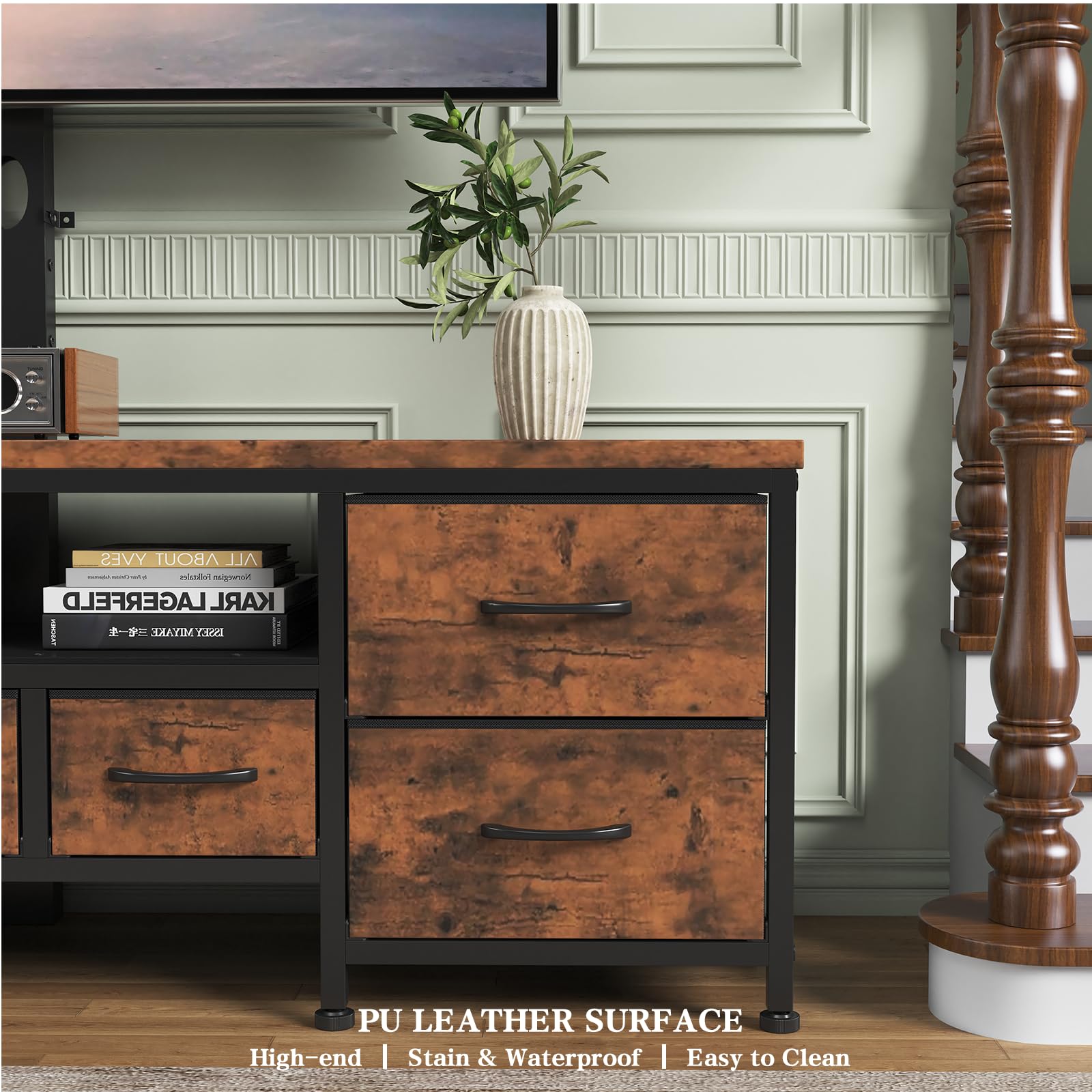 DrawXynth TV Stand with Mount for 45/55/65/75 inch TVs, 51.2" Dresser TV Stand Entertainment Center with 7 Fabric Drawers, Open Storage Shelves, Media Console for Living Room