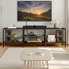 HOOBRO TV Stand with Power Outlets to 75 Inches, TV Console Table with Open Storage Shelves Cabinet, Industrial Media Entertainment Center for Living Room Bedroom, Rustic Brown and Black BF80DS01