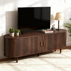 OneBlis 70" Mid Century Modern TV Stand, Wood TV Consoles with Sliding Doors and Power Outlet, Entertainment Center with Adjustable Shelves, Fluted TV Stands for Living Room, Walnut