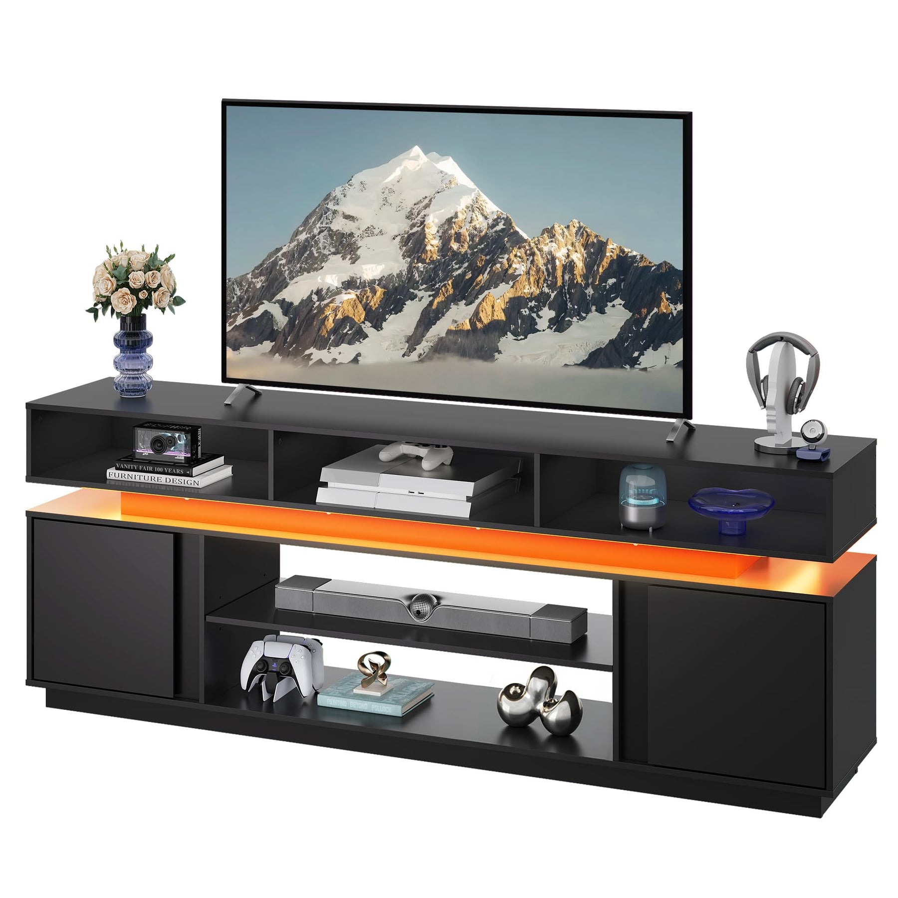 WLIVE Modern TV Stand for 75 Inch TV, 2 Tier Entertainment Center with RGB LED Lights & Storage Cabinets, Media TV Console Gaming Television Stands for Living Room, Bedroom, Black