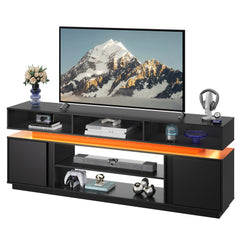 WLIVE Modern TV Stand for 75 Inch TV, 2 Tier Entertainment Center with RGB LED Lights & Storage Cabinets, Media TV Console Gaming Television Stands for Living Room, Bedroom, Black