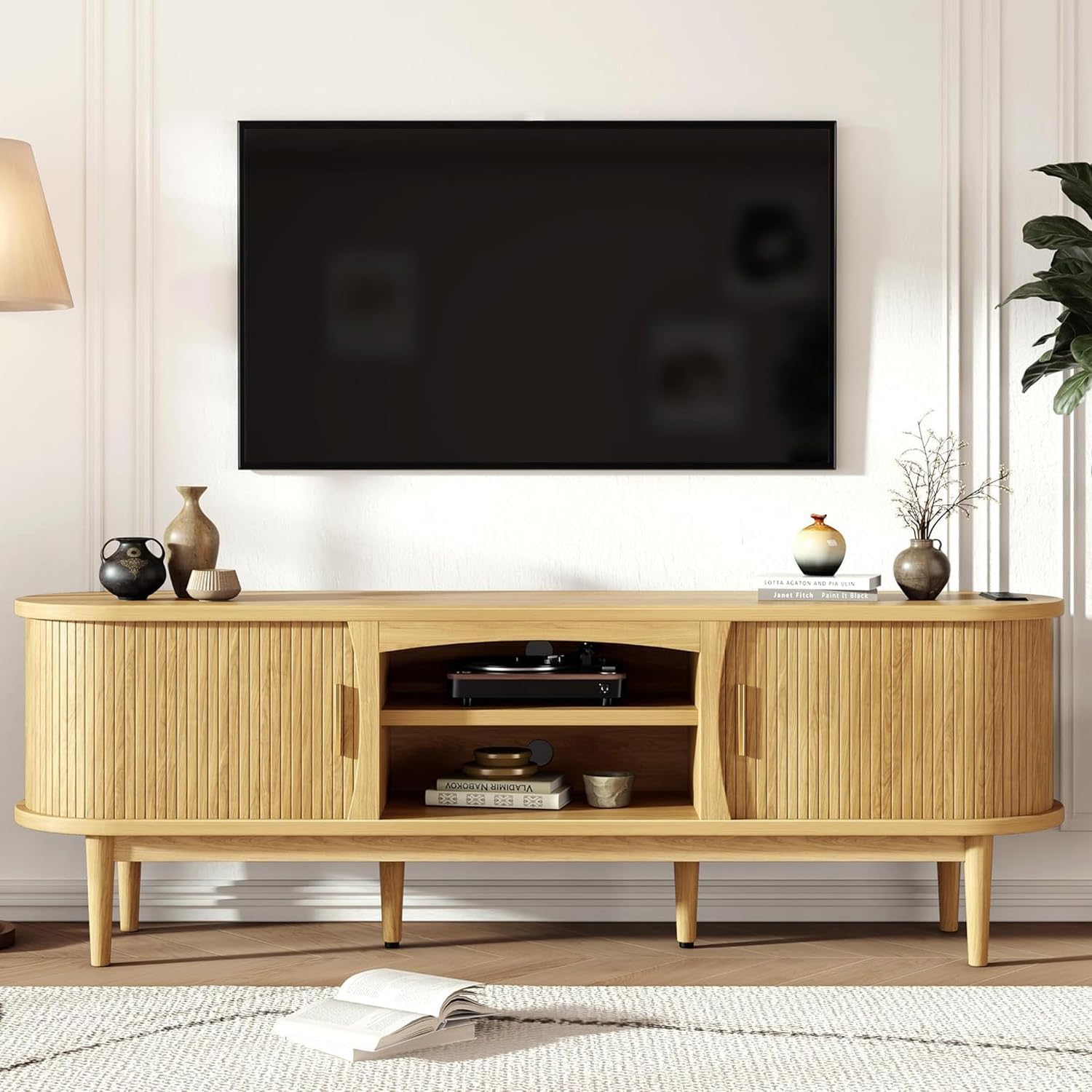 Decofy Mid Century TV Stand for TVs up to 80 Inches, Entertainment Center with Storage, Power Outlet, Fluted Sliding Doors & Adjustable Shelves, Modern Media TV Console Table for Living Room (Walnut)
