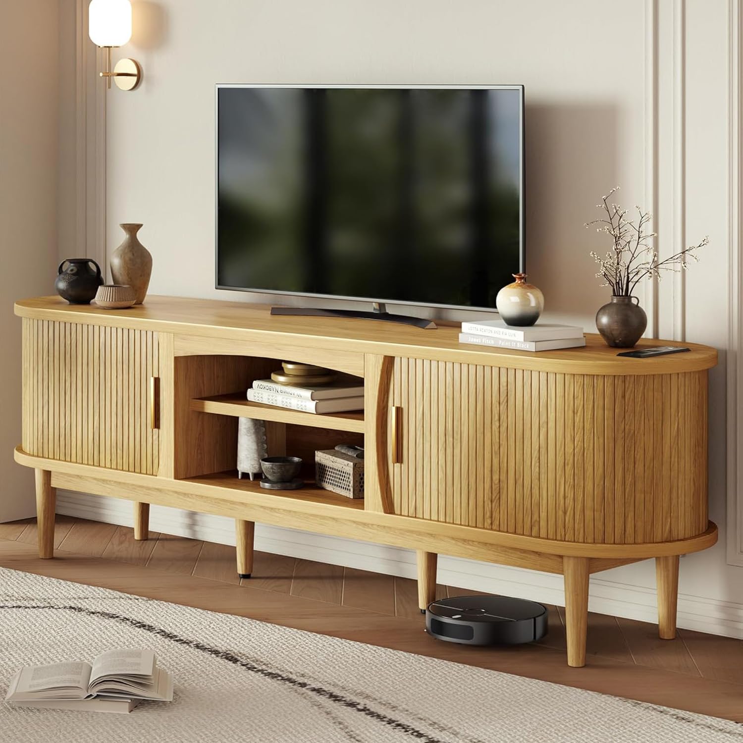 Decofy Mid Century TV Stand for TVs up to 80 Inches, Entertainment Center with Storage, Power Outlet, Fluted Sliding Doors & Adjustable Shelves, Modern Media TV Console Table for Living Room (Walnut)