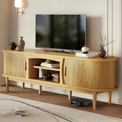 Decofy Mid Century TV Stand for TVs up to 80 Inches, Entertainment Center with Storage, Power Outlet, Fluted Sliding Doors & Adjustable Shelves, Modern Media TV Console Table for Living Room (Walnut)