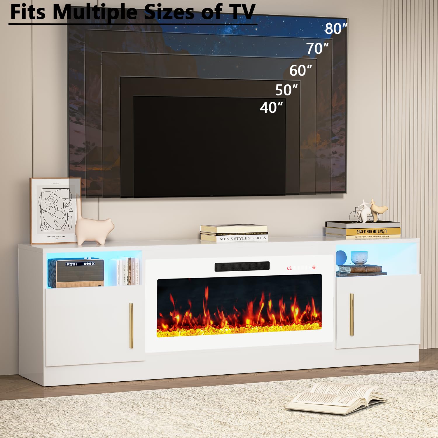 PRETZI Fireplace TV Stand with 36" Fireplace Up to 80" TVs for Living Room