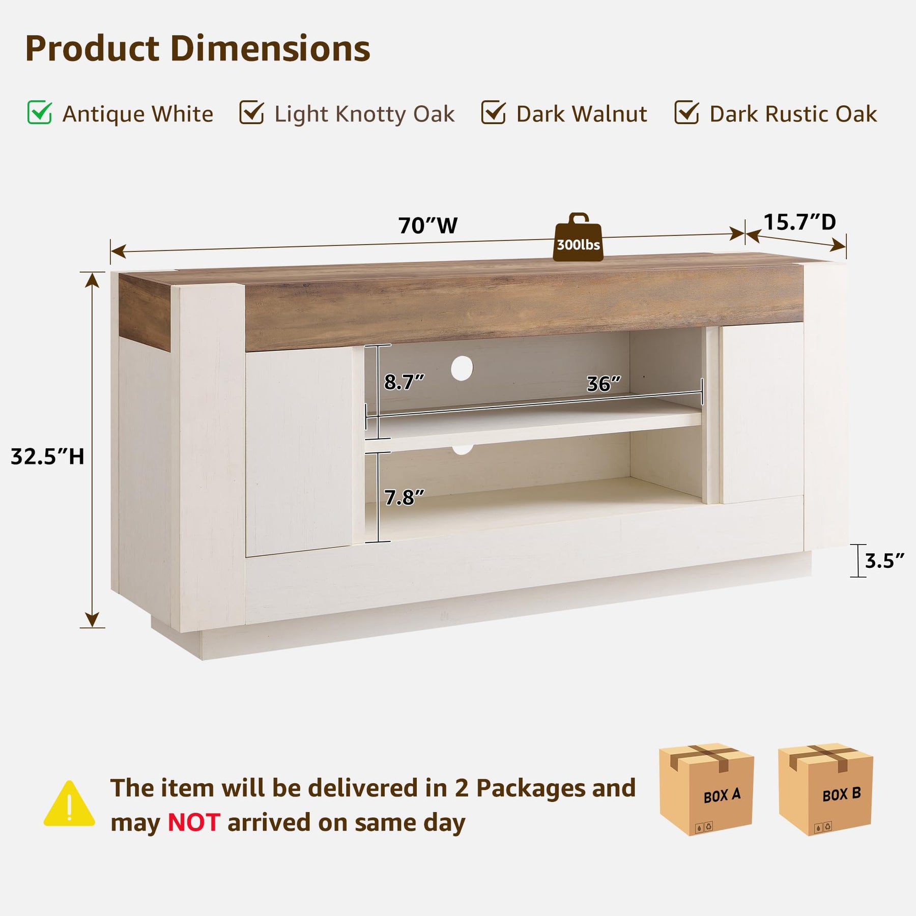 OKD 70" TV Stand for 80" TV, Thick Block Media Console, Antique White