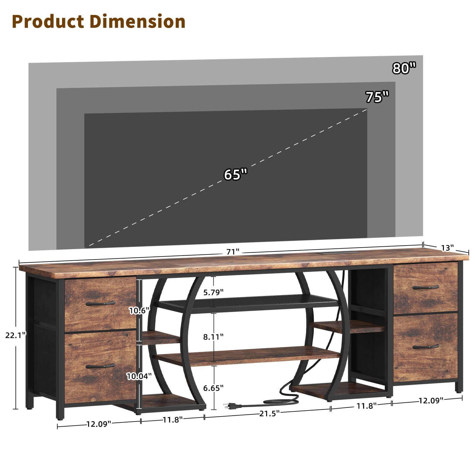 ZHNSYDN LED TV Stand for 65, 70, 80 Inch TV,71 Inch Industrial Entertainment Center with Power Outlets,Media Console Table with Open Storage Shelves & Fabric Drawers for Living Room Bedroom,Greige