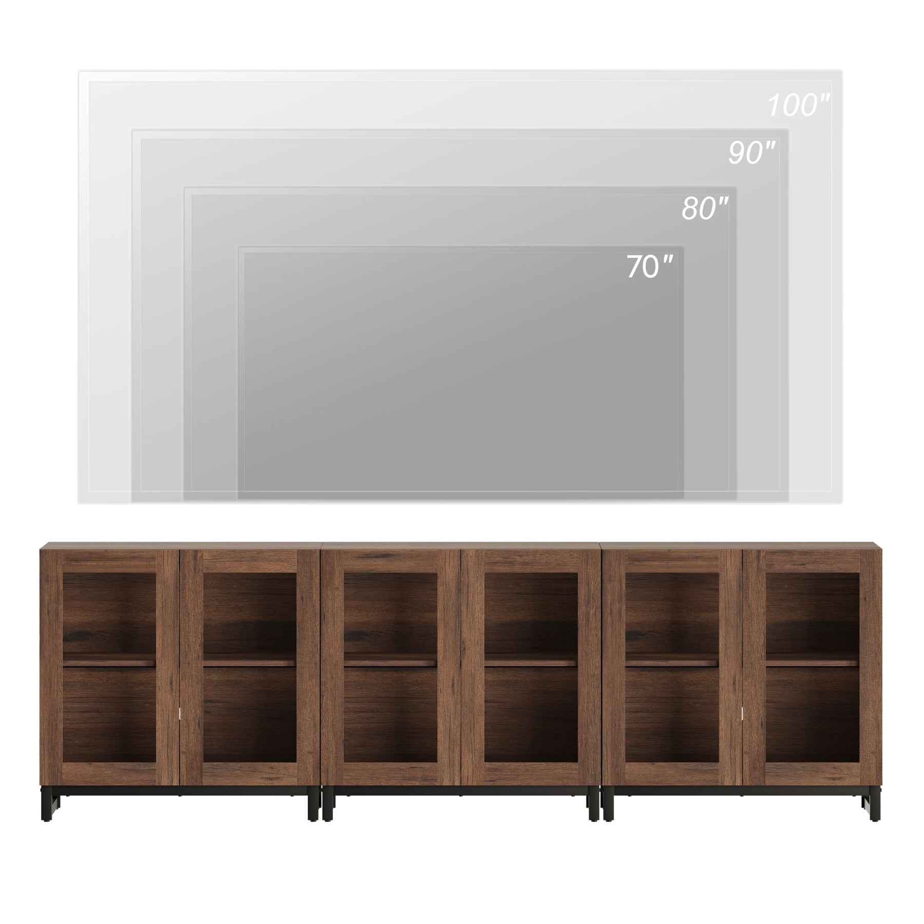 WAMPAT Modern TV Stand with Glass Doors for 80-120 inch TVs, 4 in 1 Entertainment Center Console with 4 Drawers and Metal Base for Living Room, Bedroom, Brown