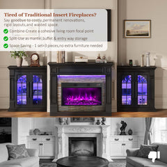 HolliWill 104" Fireplace TV Stand for TVs Up to 100 Inch, LED Electric Fireplace with Mantel and Sideboard Cabinets, Entertainment Center with 4 Glass Doors and Outlet, Modern for Living Room