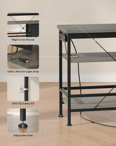 Lazzanto 63in TV Stand for 55-75in TVs, LED Lights, Charging Station, Black