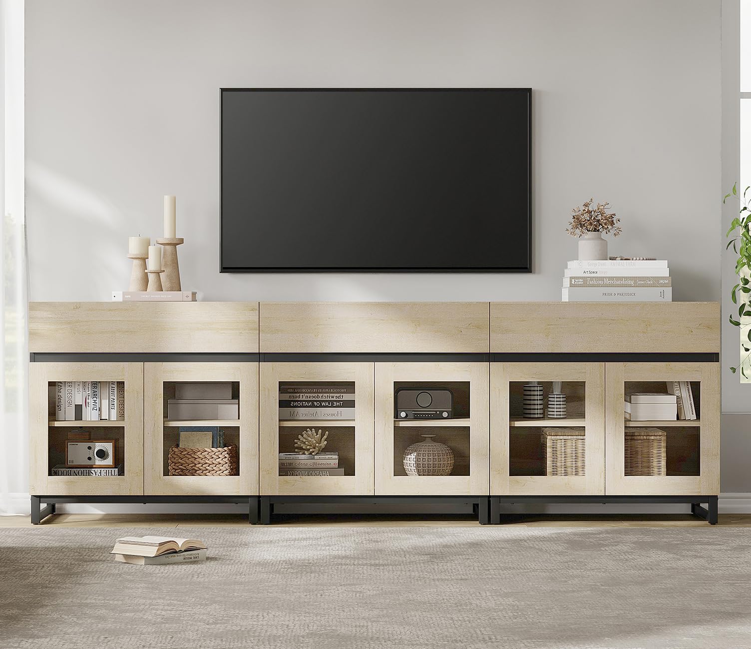 WAMPAT Modern TV Stand with Glass Doors for 80-120 inch TVs, 4 in 1 Entertainment Center Console with 4 Drawers and Metal Base for Living Room, Bedroom, Brown