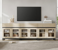 WAMPAT Modern TV Stand with Glass Doors for 80-120 inch TVs, 4 in 1 Entertainment Center Console with 4 Drawers and Metal Base for Living Room, Bedroom, Brown