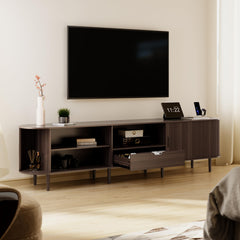 DHH 86.6" Fluted TV Stand with Power Outlet for TVs up to 90", TV Console with Adjustable Shelves and Sliding Door,Mid Century Modern Entertainment Center for Living Room,Bedroom (Walnut)