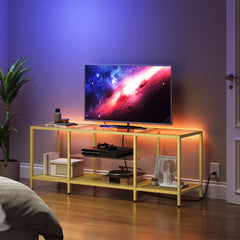HOOBRO TV Stand with LED Lights and Power Outlets for TVs up to 75", Modern 70.9 Inch Tempered Glass TV Console Table with Open Shelves, Media Entertainment Center for Living Room, Gold GD185UDS01