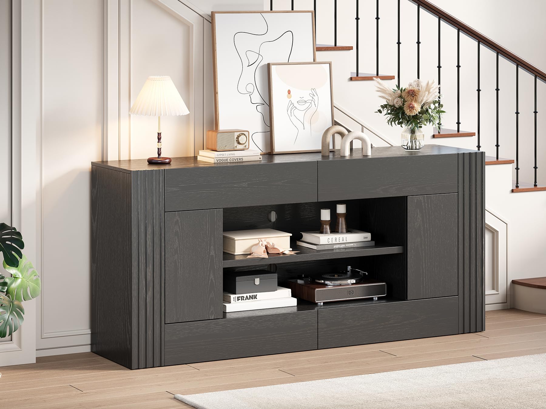 OneBlis Modern 70" TV Stand for TVs up to 80", Entertainment Center with 2 Drawers & 2 Side Cabinets, Media Console with 2-Tier Open Storage Shelves and Cable Management, Antique White & Walnut