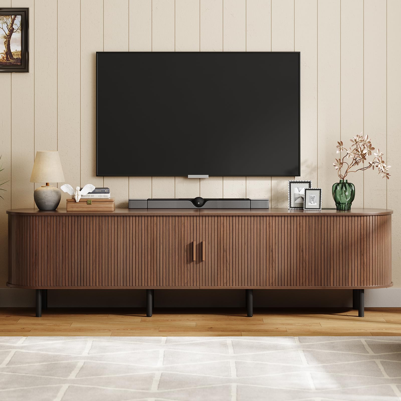 ONBRILL 70.8" TV Stand with Power Outlet for TVs up to 75 Inch, Entertainment Center with Storage and Adjustable Shelves, Modern Media Console with Sliding Doors for Living Room, Walnut