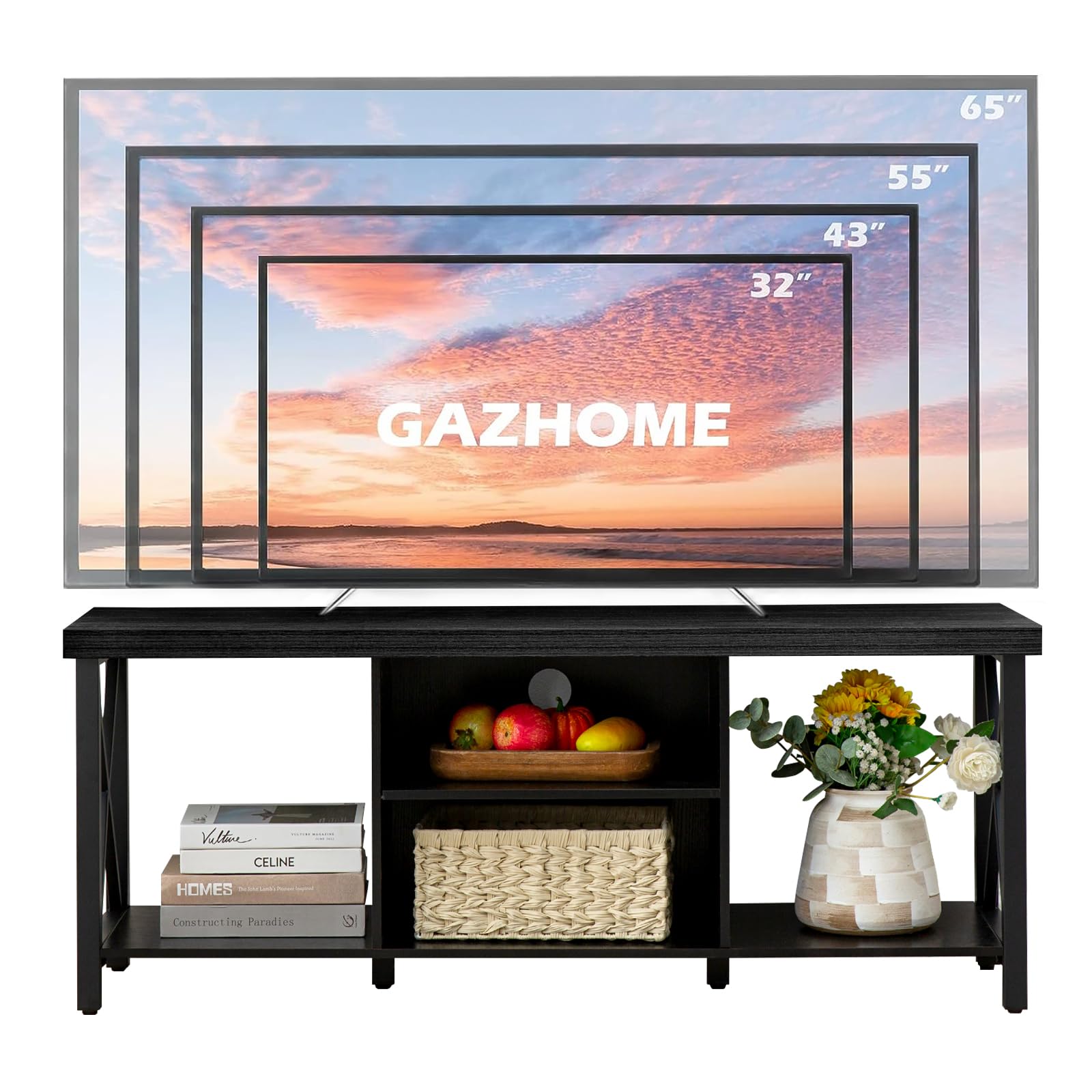 GAZHOME TV Stand for TV up to 55 Inches, TV Cabinet with Open Storage, TV Console Unit with Shelving for Living Room, Entertainment Room, Rustic Brown