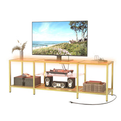 HOOBRO TV Stand with LED Lights and Power Outlets for TVs up to 75", Modern 70.9 Inch Tempered Glass TV Console Table with Open Shelves, Media Entertainment Center for Living Room, Gold GD185UDS01