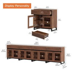WAMPAT Modern TV Stand with Glass Doors for 80-120 inch TVs, 4 in 1 Entertainment Center Console with 4 Drawers and Metal Base for Living Room, Bedroom, Brown