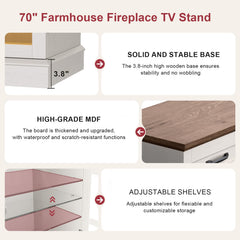 MXV 70" Fireplace TV Stand, 3-Sided Glass Fireplace and Modern Entertainment Center, Wooden Media Console with Glass Doors & Storage Drawers, LED Light, for Living Room, Antique White