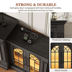 HolliWill 104" Fireplace TV Stand for TVs Up to 100 Inch, LED Electric Fireplace with Mantel and Sideboard Cabinets, Entertainment Center with 4 Glass Doors and Outlet, Modern for Living Room