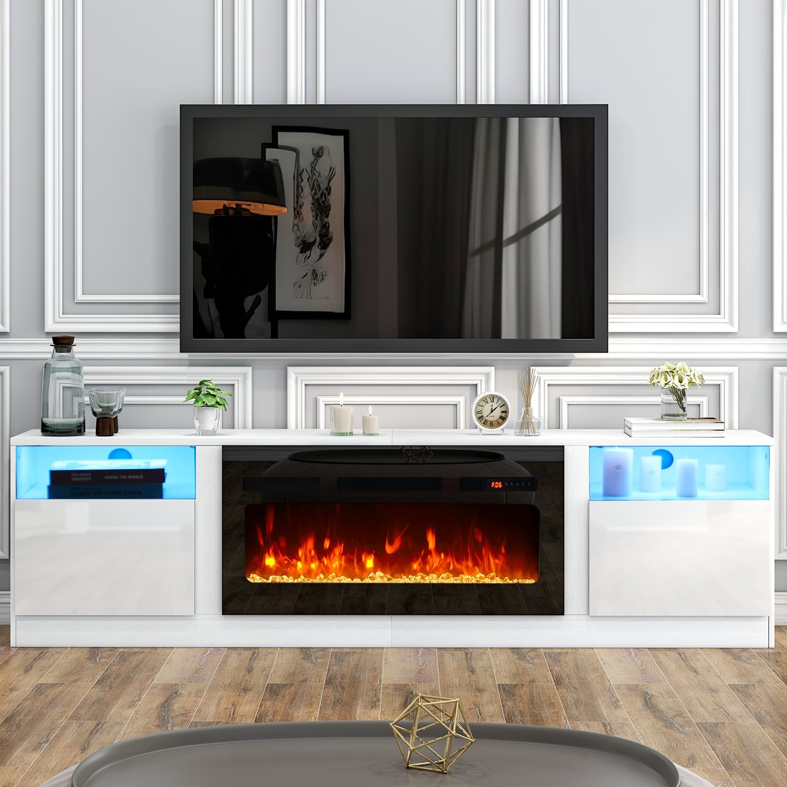 oneinmil Fireplace TV Stand with 36" Electric Fireplace, LED Light Entertainment Center, Modern Wood Texture Entertainment Stand with Highlight Storage Cabinet for TVs Up to 80", 70 inches, Black