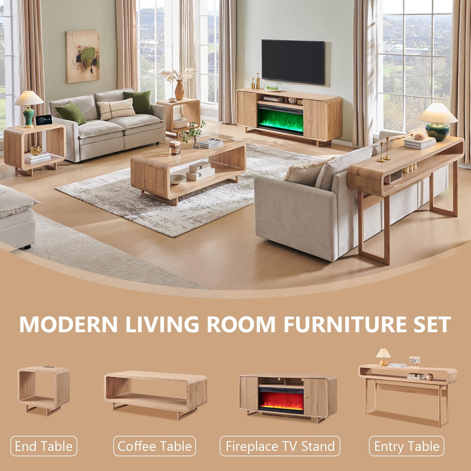 IFGET 70" Modern TV Stand with Storage, Wood Curved TV Console, Natural Oak