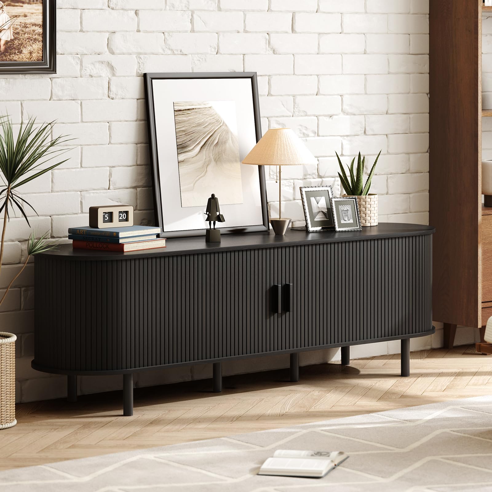 ONBRILL 70.8" TV Stand with Power Outlet for TVs up to 75 Inch, Entertainment Center with Storage and Adjustable Shelves, Modern Media Console with Sliding Doors for Living Room, Walnut